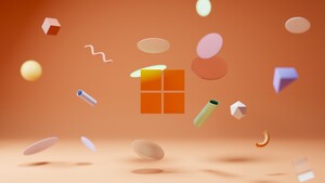 Windows 11, Orange background, Floating objects, Shapes, Windows logo, 4K wallpaper