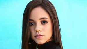 Jenna Ortega, American actress, Cyan background, 4K wallpaper