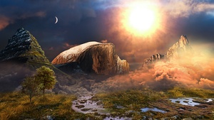 Crescent Moon, Landscape, Sunny day, Mountains, Summer, 4K wallpaper