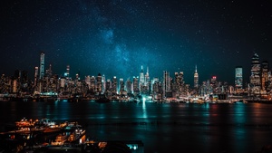 Night City, City lights, Reflections, Stars in sky, Cityscape, 4K wallpaper