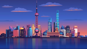 Shanghai City, Illustration, Cityscape, Panorama, Night City, Poster, Skyline, 4K wallpaper