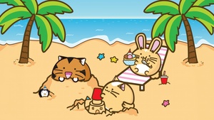 Fuzzballs, Beach, Summer, Palm trees, Tropical, Kawaii, Cartoon, 4K wallpaper