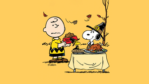 Peanuts, Thanksgiving, Charlie Brown, Snoopy, Yellow background, Cute cartoon, 4K wallpaper