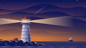 Lighthouse, Night, Ocean, Ship, Starry sky, Night sky, Moon, House, Illustration, 4K wallpaper