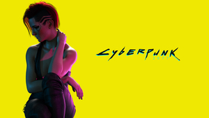 Cyberpunk, Yellow background, Cyberpunk girl, V (Cyberpunk), Neon text, 4K wallpaper