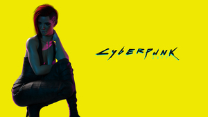 V (Cyberpunk), Yellow background, Cyberpunk girl, Neon text, 4K wallpaper
