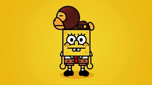SpongeBob SquarePants, Monkey, Yellow background, Simple, 4K wallpaper