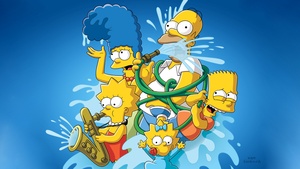 The Simpsons, Homer Simpson, Marge Simpson, Bart Simpson, Lisa Simpson, Maggie Simpson, Simpson family, Blue background, 4K wallpaper