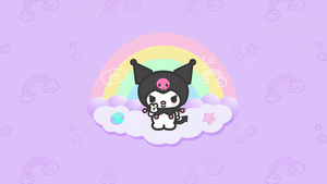 Kuromi, Hello Kitty, Black jester hat, Pink skull, White rabbit, Purple background, Cartoon, Girly backgrounds, 4K wallpaper