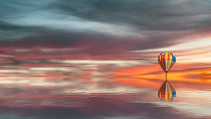 Hot air balloon, Reflection, Cloudy, Sunset, Lake, Scenic, Aesthetic, 4K wallpaper
