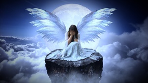 Sad girl, Fairy, Angel wings, Moon, Clouds, Surreal, Above clouds, 4K wallpaper