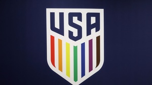 USMNT, United States mens national soccer team, USMNT logo, Purple background, USA, 4K wallpaper