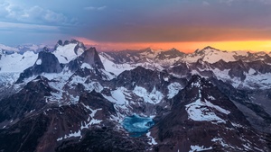 Mountain Landscape, Alps, Scenery, Snowcapped mountains, Mountains, Mountain Peaks, Sunset, Dusk, Dramatic, Panoramic, Aerial Photography, Mountain lake, 4K wallpaper