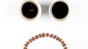 Coffee cups, Coffee beans, White background, Sad mood, 4K wallpaper