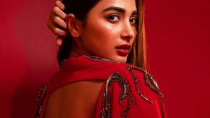 Pooja Hegde, Red dress, Indian actress, Red background, 4K wallpaper