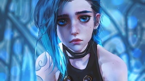 Jinx, Sad, Arcane: League of Legends, Blue background, Sad face, 4K wallpaper
