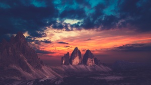 Sunset, Rock formations, Twilight, Mountains, Clouds, Landscape, Aesthetic, 4K wallpaper