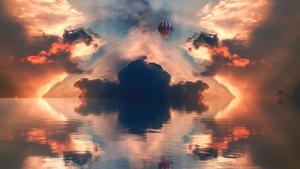 Hot air balloon, Sunset, Clouds, Seascape, Horizon, Reflections, 4K wallpaper