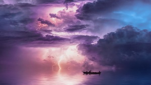 Surreal, Storm, Boat, Clouds, Thunderstorm, Ocean, Lightning, 4K wallpaper