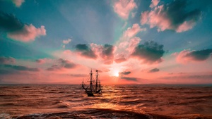 Sunset, Ocean, Boat, Seascape, Dusk, Sailing boat, Voyage, 4K wallpaper