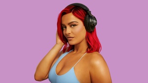 Bebe Rexha, Headphones, Pastel purple, Pastel background, 4K wallpaper