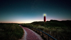 Lighthouse, Starry sky, Night, Landscape, 4K wallpaper