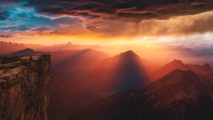 Sunlight, Mountains, Sunset, Storm, Cliff, Viewpoint, 4K wallpaper