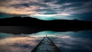 Alone, Sunset, Silhouette, Mountains, Lake, Reflections, Starry sky, 4K wallpaper