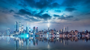 Cityscape, Night City, City lights, Skyline, Clouds, Reflections, 4K wallpaper