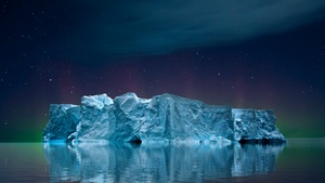 Iceberg, Seascape, Night, Aurora sky, Clouds, 4K wallpaper