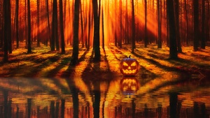 Jack-o-lantern, Halloween Pumpkin, Forest, Lake, Reflection, Autumn Forest, Sunlight, Sunset, Trees, 4K wallpaper