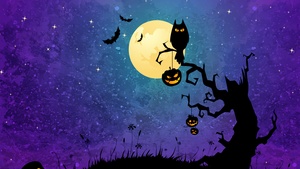 Halloween background, Halloween night, Halloween Bats, Halloween pumpkins, Moon, Purple background, Illustration, 4K wallpaper