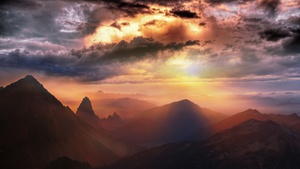 Mountain range, Sunset, Fog, Clouds, Landscape, Panorama, 4K wallpaper