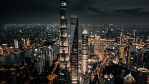 Shanghai City, Dark aesthetic, Cityscape, Night City, City lights, Aerial view, Skyscrapers, Dark Sky, 4K wallpaper
