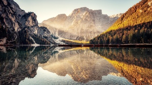 Pragser Wildsee, Scenic, Lake, Dolomite mountains, Italy, Scenery, Reflections, 4K wallpaper