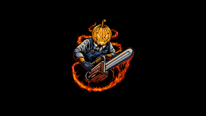 Halloween Pumpkin, Chainsaw, Black background, AMOLED, Minimalist, 4K wallpaper