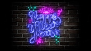 Happy New Year, Neon sign, Brick wall, Dark background, Dark aesthetic, 4K wallpaper