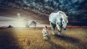 Cute Girl, Countryside, White horse, Sunset, Farm Land, 4K wallpaper
