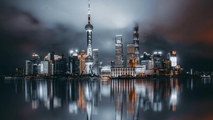 Shanghai City, Cityscape, Reflections, Night City, City lights, Aerial view, Skyscrapers, Dark Sky, 4K wallpaper