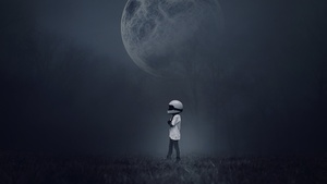 Moon, Alone, Boy, Dream, Helmet, Foggy, 4K wallpaper