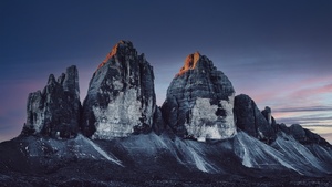 Three peaks of Lavaredo, Dolomite mountains, National Park, Italy, UNESCO World Heritage Site, Sunset, 4K wallpaper