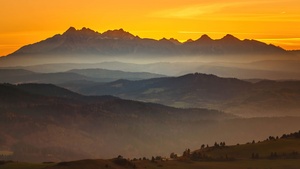 Tatra Mountains, Mountain range, Sunset, Orange sky, Europe, 4K wallpaper