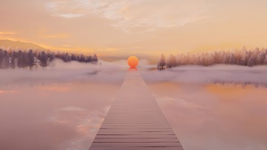 Wooden pier, Sun, Surreal, Foggy, Sunset, Landscape, Lake, Windows 11, 4K wallpaper