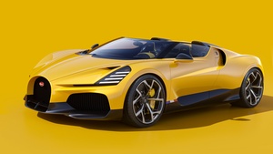Bugatti W16 Mistral, Yellow, Roadster, Hypercars, 2024, Yellow background, 4K wallpaper