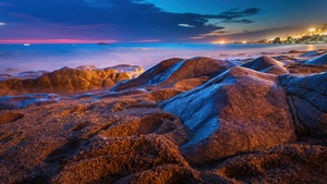 Rocky coast, Beach, Night, Seashore, 4K wallpaper