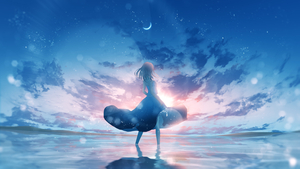 Anime girl, Aesthetic, Dream, Happy girl, Moon, Crescent Moon, Girly backgrounds, Beach, Seascape, Ocean, Reflections, 4K wallpaper
