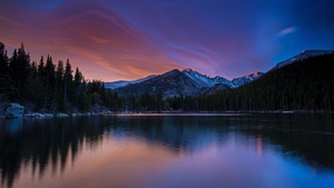 Bear Lake, Colorado, Rocky Mountain National Park, Sunset, Reflection, Forest, Landscape, 4K wallpaper