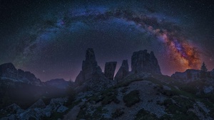 Dolomites, Mountains, Milky Way, Night, Starry sky, Dolomite mountains, Rocks, Italy, 4K wallpaper