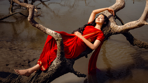 Mamitha Baiju, Red aesthetic, Malayalam actress, Indian actress, Saree, 4K wallpaper