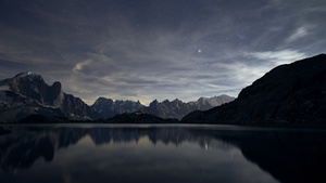 Starry sky, Scenery, Mountains, Sunset, Evening sky, Landscape, Lake, Body of Water, Reflections, 4K wallpaper
